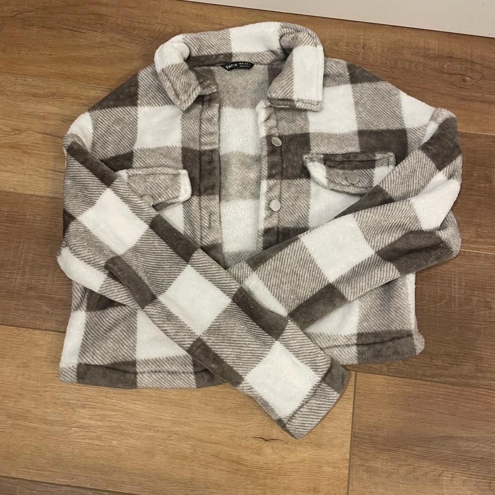 SHEIN Brown and White Plaid Sherpa Jacket
